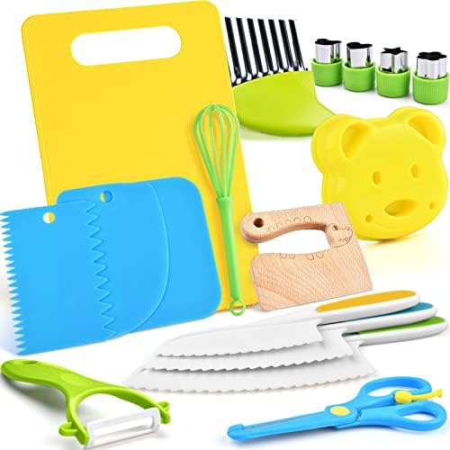 17PCS Kids Cooking Sets Real Cooking Montessori Kitchen Toys for Toddlers Kids Safe Knives for 2/3/4/5/6/7/8 Year Old