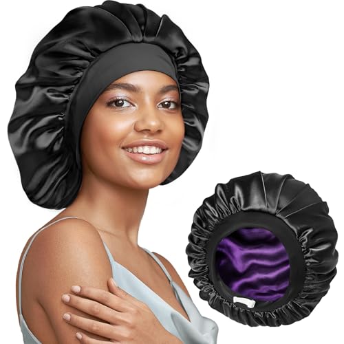 Umisleep 22 Momme 100% Real Mulberry Silk Bonnet for Sleeping Women, Large Hair Care Bonnet for Long Curly Hair, Double Layer Silk Hair Wrap with Soft Elastic Band, Non-Slip Sleep Cap, Black+Purple