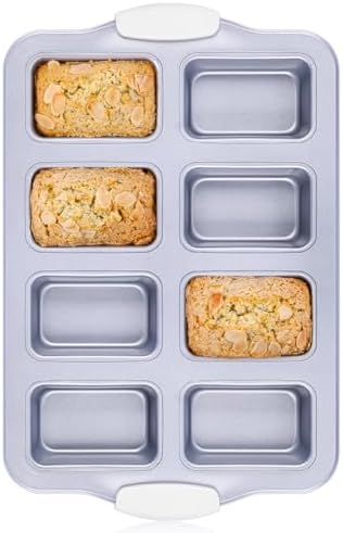SJ Mini Loaf Pan with Heat-Resistant Handles, 1 Pack Healthy Non-stick Bread Pan for Baking 8-Cavity, PFOA & PFAS-Free Tiny Banana Bread Pan Set, Dishwasher Safe Brownie Pan-Silver