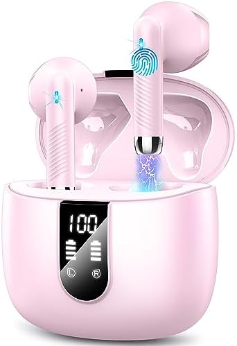 Wireless Earbuds, 2024 Bluetooth Headphones V5.3 Ear Buds Built-in ENC Noise Cancelling Mics, 40H Stereo Bass Bluetooth Earbuds with Dual LED Display, IP7 Waterproof Earphones for Android iOS, Pink
