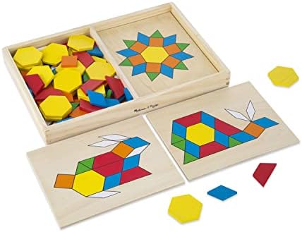 Melissa & Doug Pattern Blocks and Boards - Wooden Classic Toy With 120 Solid Wood Shapes and 5 Double-Sided Panels, Multi-colored - STEAM Animals, Tangrams Puzzle For Kids Ages 3+