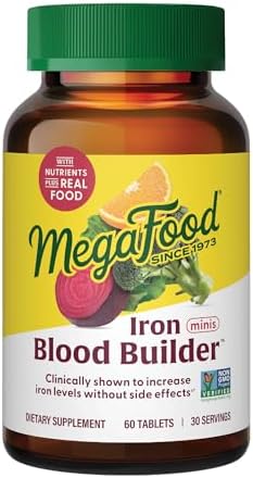 MegaFood Blood Builder Minis - Iron Supplement Clinically Shown to Increase Iron Levels Without Side Effects - Iron with Vitamin C, Vitamin B12 & Folic Acid - Vegan - 60 Tablets (30 Servings)
