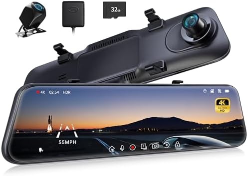 P12 Pro 4K Mirror Dash Cam, 12'' Rear View Mirror Camera Smart Driving Assistant w/ADAS and BSD,2160P Front and Rear Camera,Voice Control,Night Vision,Parking Monitoring,32GB Memory Card