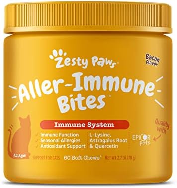 Zesty Paws Cat Allergy Relief - Anti Itch Supplement - Omega 3 Probiotics - Salmon Oil Digestive Health - Soft Chews for Skin & Seasonal Allergies - with Epicor Pets - Bacon - 60 Count