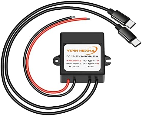 DC 12V/24V to 5V 6A 30W Dual Type-C USB C Converter DC-DC Buck Charging Module Electric Step Down Power Adapter Compatible with Raspberry Pi 4, Cellphone, Car