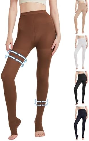 MGANG Medical Compression Pantyhose for Women & Men, 20-30mmHg Graduated Compression Support Tights, Open Toe, Opaque Waist High Compression Stockings for Edema, Varicose Veins, Flight, DVT, Brown L