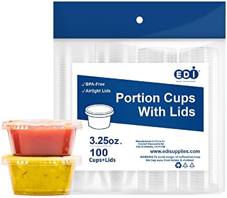 EDI [3.25 OZ, 100 Sets] Clear Disposable Plastic Portion Cups with Leakproof Lids | Jello Shot Cups | Condiment and Dipping Sauce Cups | Souffle Cups | BPA Free | Recyclable