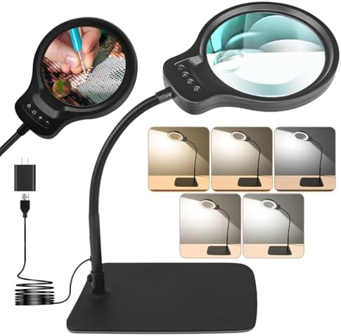 10X 30X Large Magnifying Glass with Light and Stand, 5-inch Lens, 5 Color Modes, Hands Free Magnifying Lamp for Close Work, Lighted Magnifier Desk Lamp for Craft Sewing Jewelry Painting Reading