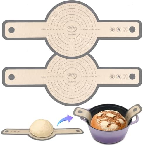 Silicone Bread Sling for Dutch Oven, 2 Pack 9.5" Non-Stick & Odor-Free Baking Mat Set, Anti-slip Reusable Bread Sling with Long Handle, Edge Sealing Design, Essential Sourdough Baking Supplies