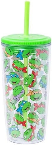 Silver Buffalo Teenage Mutant Ninja Turtles Multi Face Pattern 20oz Spill-Resistant Plastic Tumbler