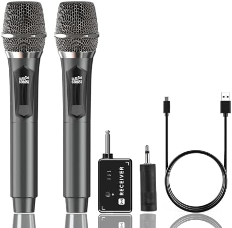 Wireless Microphone, Dual Handheld Cordless Microphone System with Rechargeable Receiver, 50H Duration, 200ft Range, Karaoke Microphones for Singing, Wedding, DJ, Party, Speech (Black)