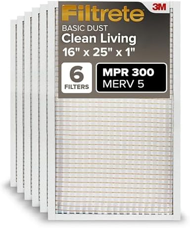 Filtrete 16x25x1 AC Furnace Air Filter, MERV 5, MPR 300, Capture Unwanted Particles, 3-Month Pleated 1-Inch Electrostatic Air Cleaning Filter, 6-Pack (Actual Size15.69x24.69x0.81 in)