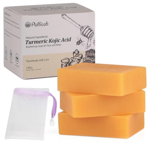 Kojic Acid Soap for Dark Spots, Honey Glow Turmeric Soap Bar for Women Men with Tea Tree Oil, Shea Butter, Coconut Oil, Vitamin C, Skin Brightening Soap for Face & Body, 3 Bars
