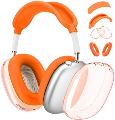 4 in 1 Set for AirPod Max Case, Anti-Scratch Sweat-Proof Ear Pad Covers/Ear Cups Cover/Headband Cover, AirPod Max Cover Accessories for Apple AirPod Max (2020 Lightning /2024 USB-C)- Clear Orange