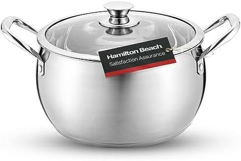 Hamilton Beach Stainless Steel 7-Quart Dutch Oven - Professional Premium Oven Safe Stock Pot with Ergonomic Handle & Glass Lid - Fryer Pot for Braising