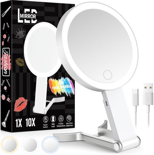 Travel Makeup Mirror with Lights, Lightened 10X/1X Double Sided Magnifying Mirror with 3 Colors, Brightness Adjustable Portable LED Mirror Valentines Day Gifts for Her Women Girls (White)