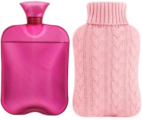samply Hot Water Bottle with Knitted Cover, 2L Hot Water Bag for Hot and Cold Compress, Hand Feet Warmer, Ideal for Menstrual Cramps, Neck and Shoulder Pain Relief, Pink