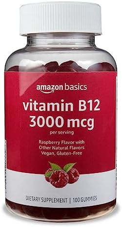 Amazon Basics Vitamin B12 3000 mcg Gummies, Normal Energy Production and Metabolism, Immune System Support, Raspberry, 200 Count (2 Packs of 100), 2 per serving