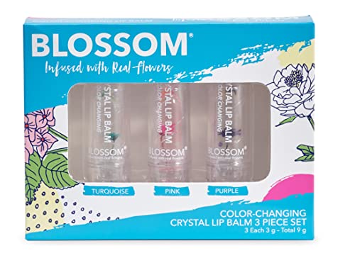 Blossom Moisturizing Scented pH Color Changing Crystal Lip Balm, Strawberry Scented Lip Stain Tint, Infused with Real Flowers, 3 pk, Turquoise/Pink/Purple