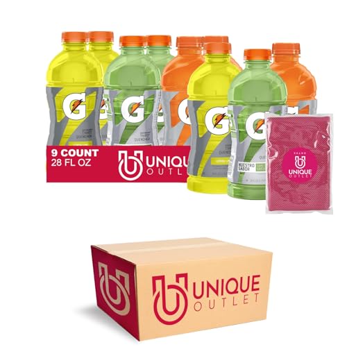 Gatorade 9-Pack Citrus Collection Thirst Quencher Electrolyte Enhanced Sports Drink 28 fl oz Plastic Bottle + 1 Microfiber Cooling Towel by Unique Outlet Brand