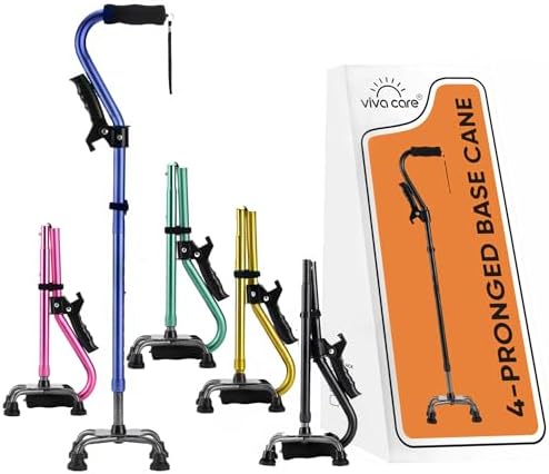 Walking Cane with 4 Prongs and Extra Side Handle – Adjustable, for Balance & Stability for Adults, Seniors, and Injured.