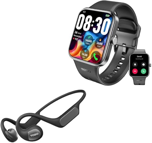 TOZO S4 AcuFit One Smartwatch 1.78-inch Bluetooth Talk Dial Fitness Tracker Black + OpenReal Open Ear Wireless Headphones Bluetooth 5.3 Air Conduction Matte Black