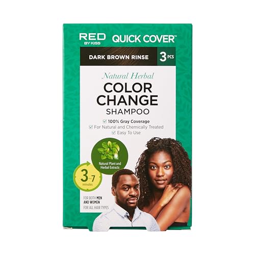 RED by Kiss Color Change Shampoo Gray Hair Cover Up Hair Dye Color for Men and Women 3 Pouches (3 PACK, Dark Brown)