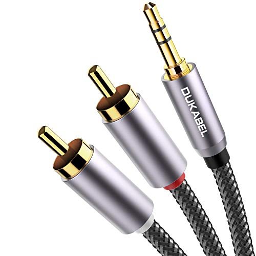 DUKABEL Top Series Long RCA Cables (16 Feet / 5 Meters), RCA to 3.5mm 2-Male RCA to AUX Audio Cable Crystal-Nylon Braided/ 24K Gold Plated/ 99.99% 4N OFC Conductor