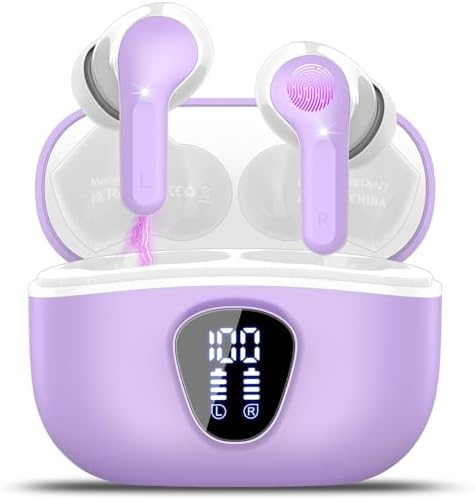 Wireless Earbuds Bluetooth 5.3 Headphones, 40H Playback HiFi Stereo Ear Buds with LED Display, ENC Noise Cancelling Earbuds, IP7 Waterproof in-Ear Earphone for iOS Andriod Sport/Workout/Running/Purple