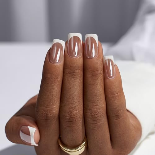 BTArtbox Press on Nails Short Square - White Chrome French Tip Press On Nails, Glazed Glue On Nails, Natural Stick On Nails in 15 Sizes - 30 Fake Nails Kit, Wheat