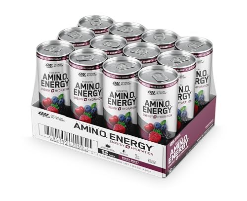 Optimum Nutrition Amino Energy Sparkling Hydration Drink, Electrolytes, Caffeine, Amino Acids, BCAAs, Sugar Free, Berry Burst, 12 Fl Oz, 12 Pack