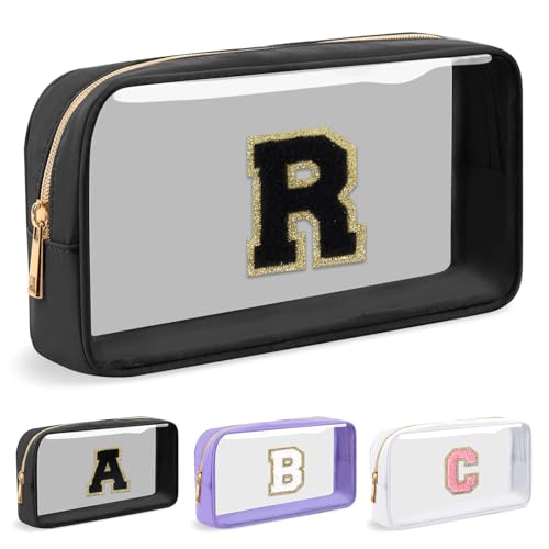 Personalized Initial Letter Clear Makeup Bag,Preppy Small Nylon&PVC Cosmetic Zipper Bag with Chenille Letter,Travel Skincare Toiletry Bag,Monogram Christmas Gift for Teen Girls Women,R