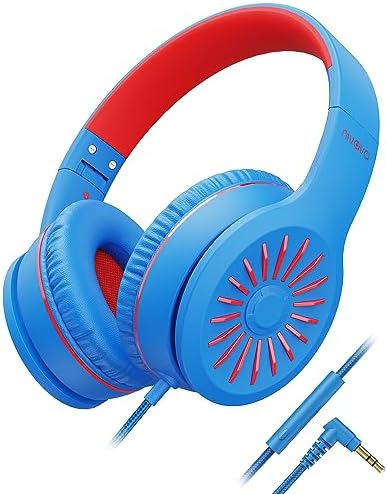 Wired Headphones with Microphone, K16 On-Ear Headphones for Kids with 3.5MM Jack, Foldable Stereo Bass Headphones for Teens School Amazon Kindle, Fire, Chromebook, Tablet(Light Blue Red)