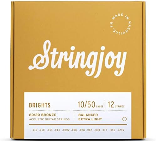 Stringjoy BB1024 12 String Brights 80/20 Bronze Acoustic Guitar Strings, (12 String Extra Light Gauge - 10-50)