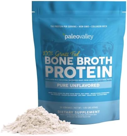 Paleovalley 100% Grass Fed Beef Bone Broth Protein Powder - Rich in Collagen Peptides for Hair, Skin, Gut Health, Bone and Joint Support - 28 Servings, 15g Protein Per Serving - No Gluten or GMOs