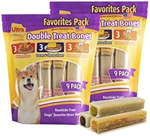 Ultra Chewy Favorites Double Treat Bones, Made in The USA, Healthy Treats, Easy to Digest, Promotes Dental Health (Assorted Flavors, 2 Packs/9 Bones Per Pack)