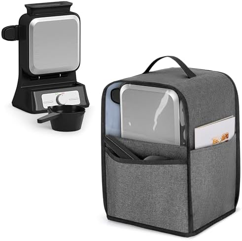 Yarwo Visible Dust Cover Compatible with Ninja BW1001 Belgian Waffle Maker PRO NeverStick, Protective Cover with Top Handle and Pockets Fits Waffle Iron, Pour Cup, Tongs or Other Kitchen Accessories
