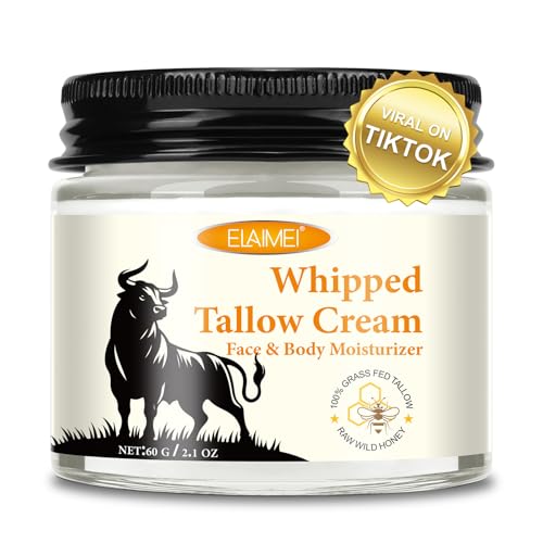 Beef Tallow for Skin, Whipped Tallow & Honey Balm, Organic Tallow Face Moisturizer, Natural Grass-Fed Beef Tallow Cream with Raw Honey for Deep Hydration & Sensitive Skin Care (2.1oz)