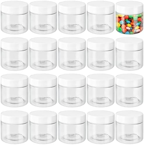 20 Pcs 2 Oz Clear Cosmetic Container with White Lids,Travel Storage Clear Empty Cosmetic Jars,Plastic Round Pot Jars for Eye Shadow,Lotion,Cream,Jewelry,Painting,Candies,DIY Ointments