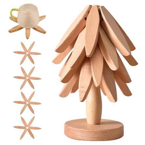 Wooden Trivets for Hot Dishes， Tree Shape Trivet Set,Trivets for Hot Dishes - 4 Wooden Trivets + 1 Stand stored Like a Christmas Tree (Beech Wood)