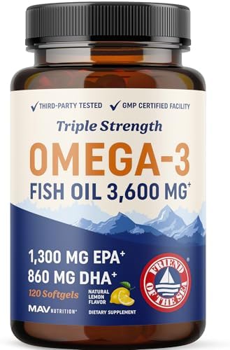 Triple Strength Omega 3 Fish Oil 3600 mg | EPA & DHA | Over 2100mg Omega-3 Fatty Acids | 1300mg EPA + 860mg DHA | Best Essential Fatty Acids | Premium Wild Caught & Burpless Fish Oil | 120 Ct