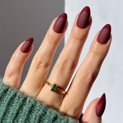 Glamnetic Press On Nails - Merlot | Short Almond Dark Red Nails with Glossy French Tips in a Matte Finish | 15 Sizes - 30 Nail Kit with Glue