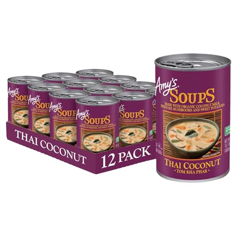 Amy's Soup, Vegan Thai Coconut Soup, Tom Kha Phak, Gluten Free, Made With Organic Coconut Milk & Sweet Potatoes, Canned Soup, 14.1 Oz (12 Pack)