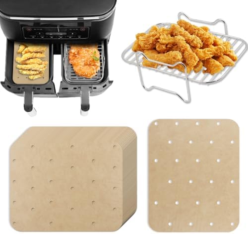 2pcs Air Fryer Rack Set with 100pcs Parchment Paper Compatible with Ninja Foodi Air Fryer DZ201, DZ401, 304 Stainless Steel Toast Dehydrator Racks Air Fryer Paper Liners (2)