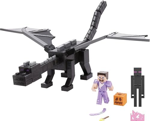 Mattel Minecraft Ender Dragon Action Figures Set with Lights, Sounds & Mist, Includes Steve & Enderman Figures in 3.25-inch Scale, 15 Anniversary Collectible