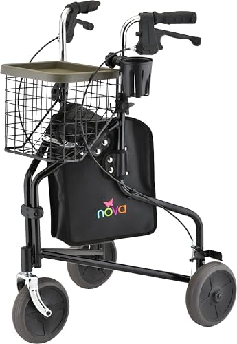 NOVA Traveler 3 Wheel Rollator Walker, All Terrain 8” Wheels, Includes Bag, Basket and Tray, Black