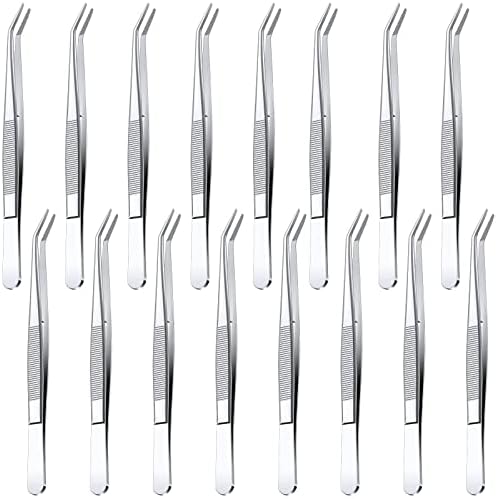 Honoson 16 Pcs Stainless Steel Tweezers for Crafting with Curved Serrated Tip Multipurpose Forceps Sewing Machine Tweezers Bulk (Silver)