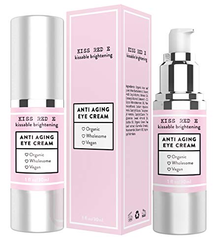 Kiss Red E Anti Aging Eye Cream for Women Men. Vegan Eye Cream for Dark Circles Puffiness Wrinkles 1 OZ 50 Days Supply