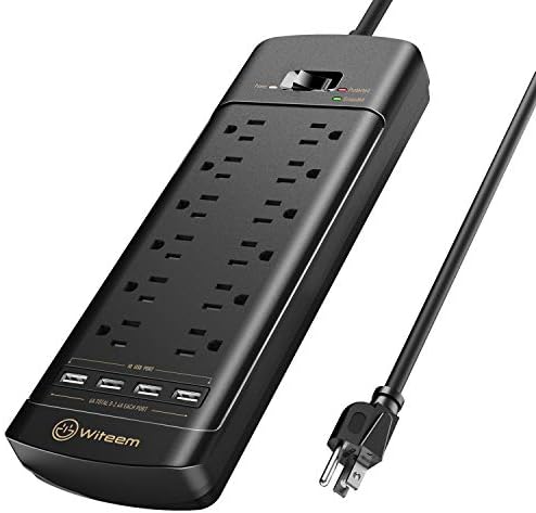 Surge Protector Power Strip - 12 Outlets,4 USB 6A Ports, 6Ft Extension Cord, 1875W/15A, 4360Joules, Overload Protection - Ideal for Home & Office Use (Black-USB6A)