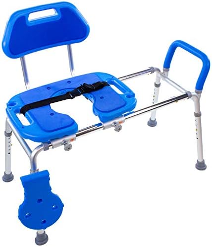 Platinum Health Sliding Shower Chair HydroGlyde Premium Heavy Duty, Padded Bathtub Transfer Bench with Cut Out Seat, for Bath Tub, Adjustable Legs, and Safety Belt, Quick Tool-Less Assembly, Blue